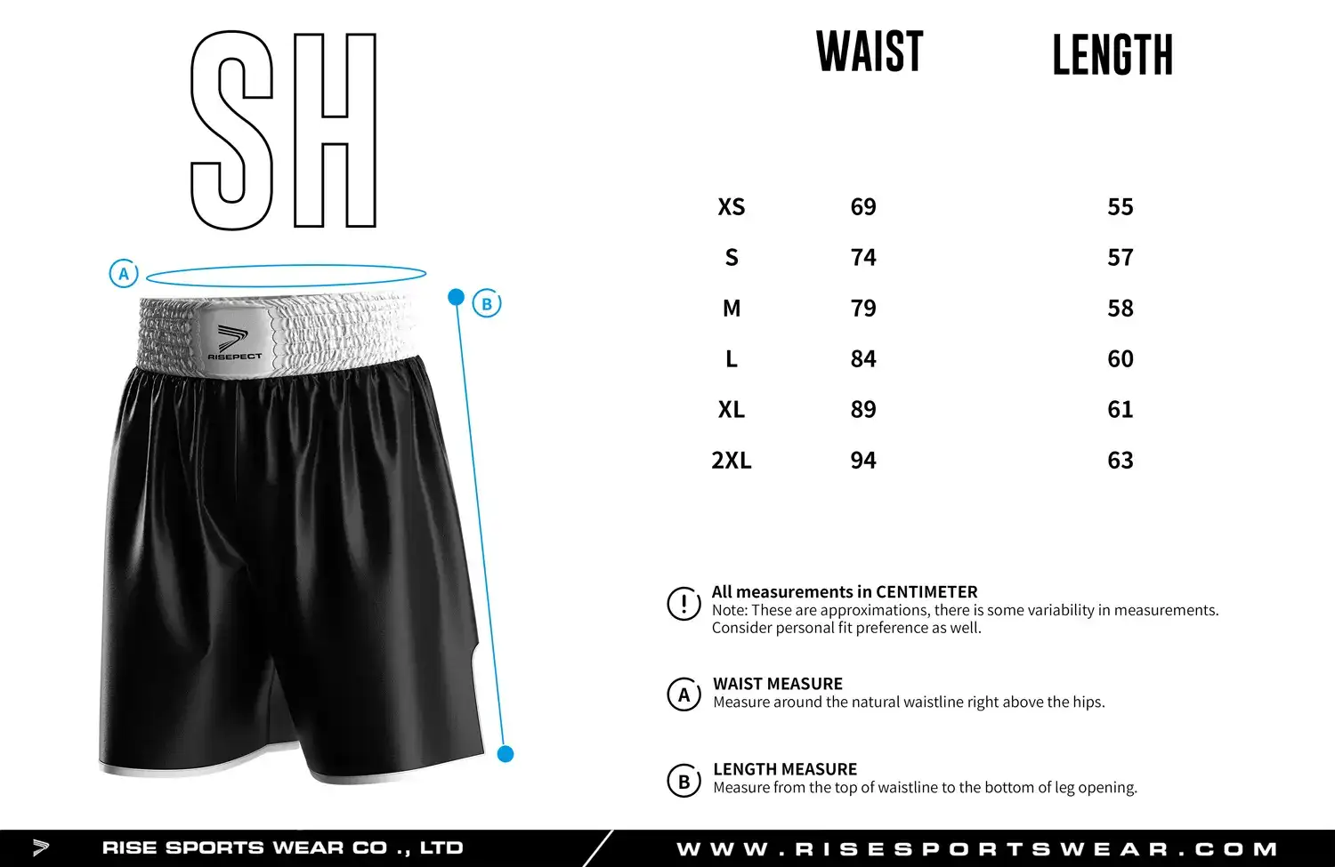 Detailed size chart of custom boxing shorts showing waist and length measurements, designed for professional gym and club uniform fitting.