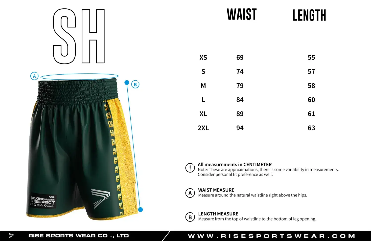 Detailed size chart of custom boxing shorts showing waist and length measurements, designed for professional gym and club uniform fitting.