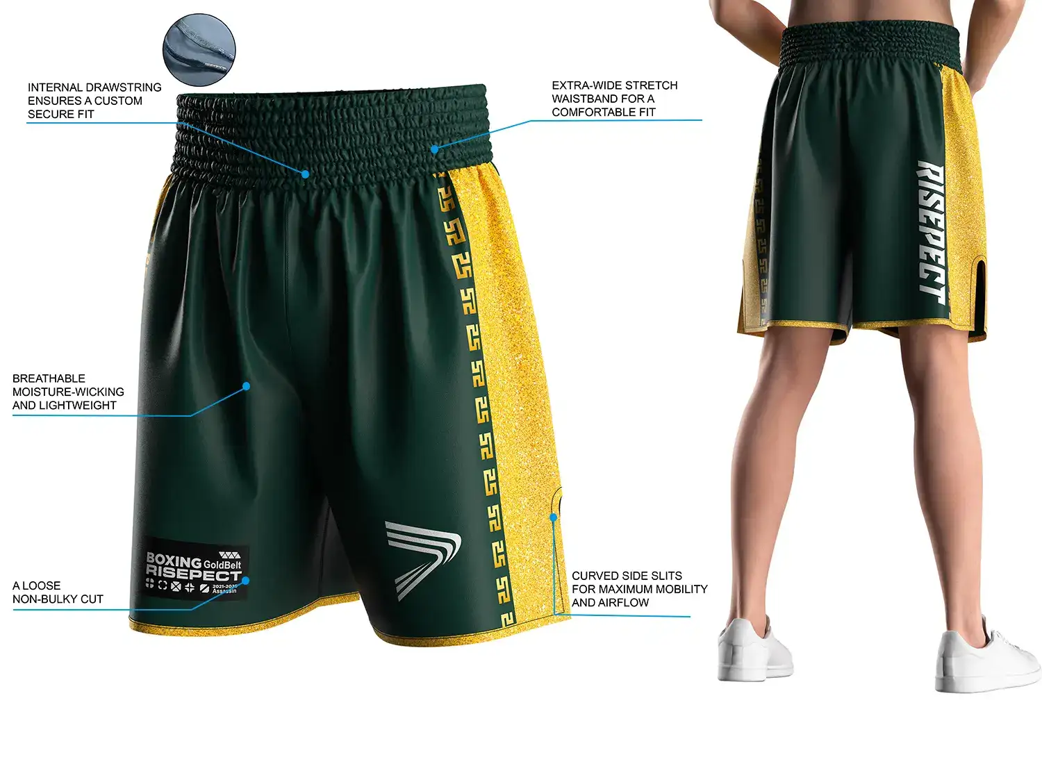 Male model wearing custom made green yellow big boxing shorts, back view, showing wide elastic waistband and side slits. The right side displays product highlights and key selling points of the modern traditional boxing short design.
