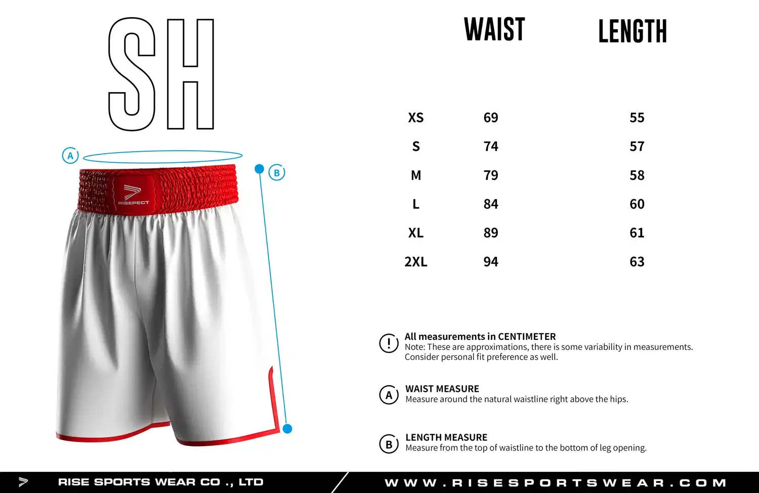Detailed size chart of custom boxing shorts showing waist and length measurements, designed for professional gym and club uniform fitting.