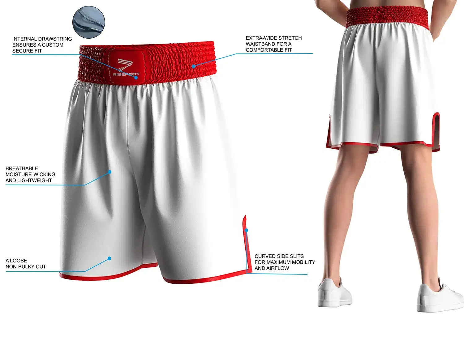 Male model wearing custom mens white boxing training shorts with red tirm, back view, showing wide elastic waistband and side slits. The right side displays product highlights and key selling points of the modern traditional boxing short design.