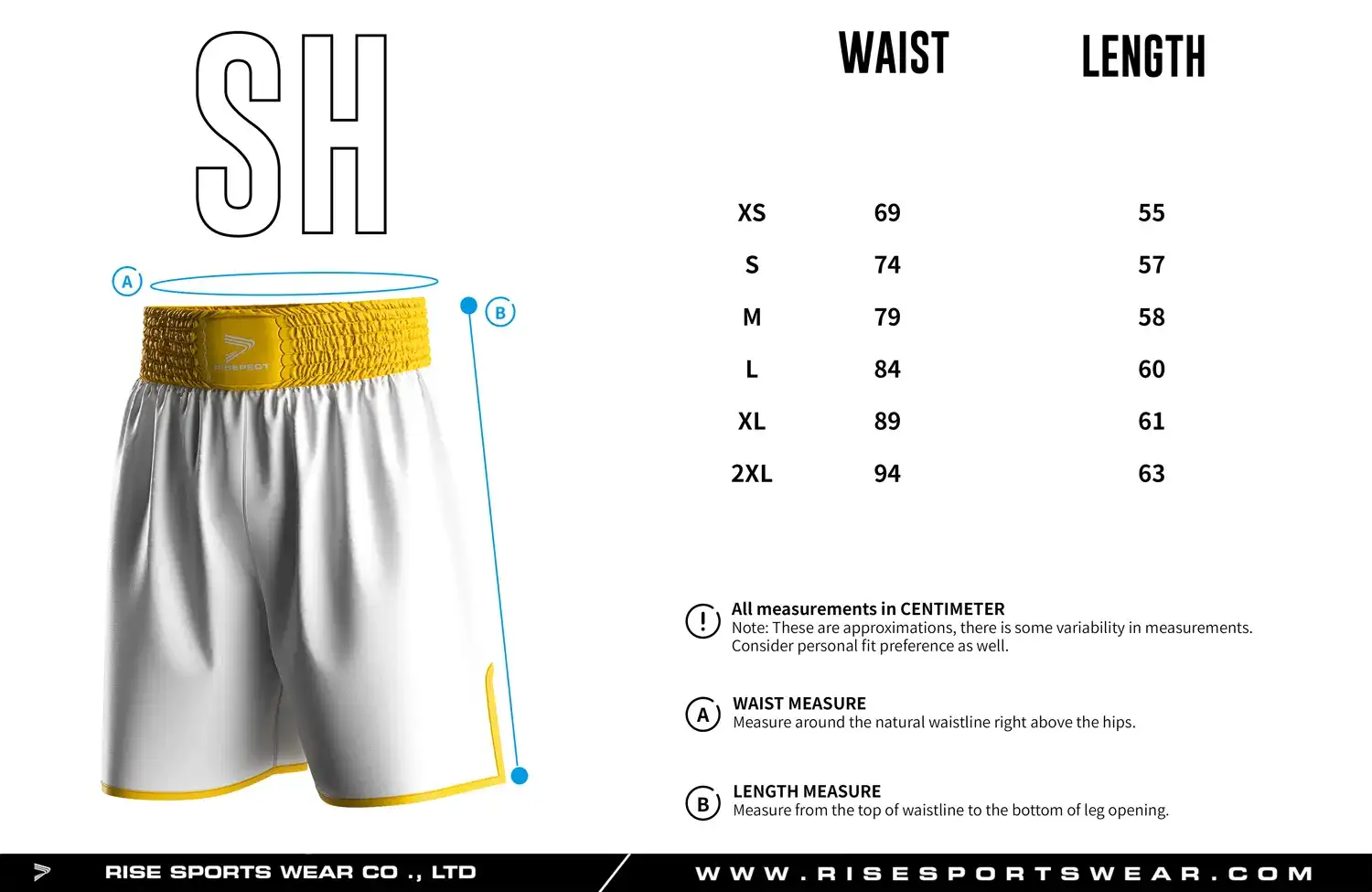Detailed size chart of custom boxing shorts showing waist and length measurements, designed for professional gym and club uniform fitting.