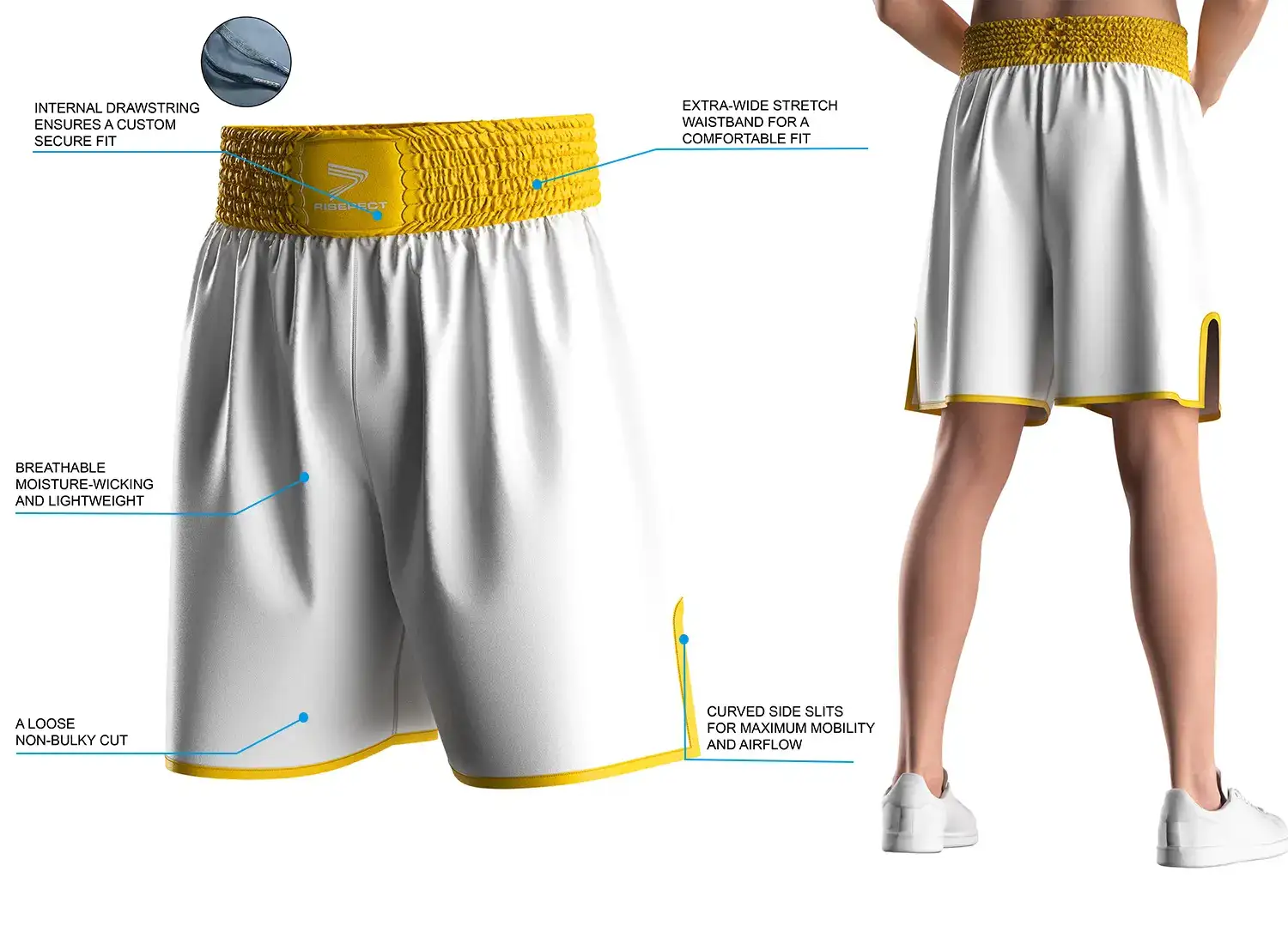 Male model wearing personalized white boxing shorts with gold yellow, back view, showing wide elastic waistband and side slits. The right side displays product highlights and key selling points of the modern traditional boxing short design.