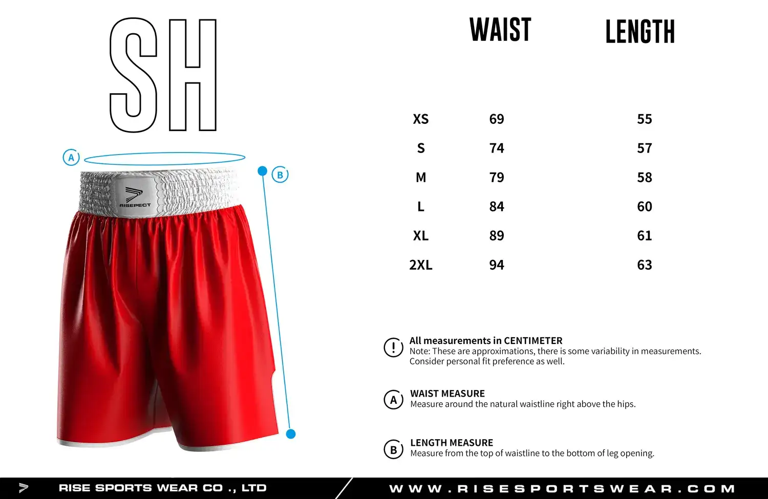 Detailed size chart of custom boxing shorts showing waist and length measurements, designed for professional gym and club uniform fitting.