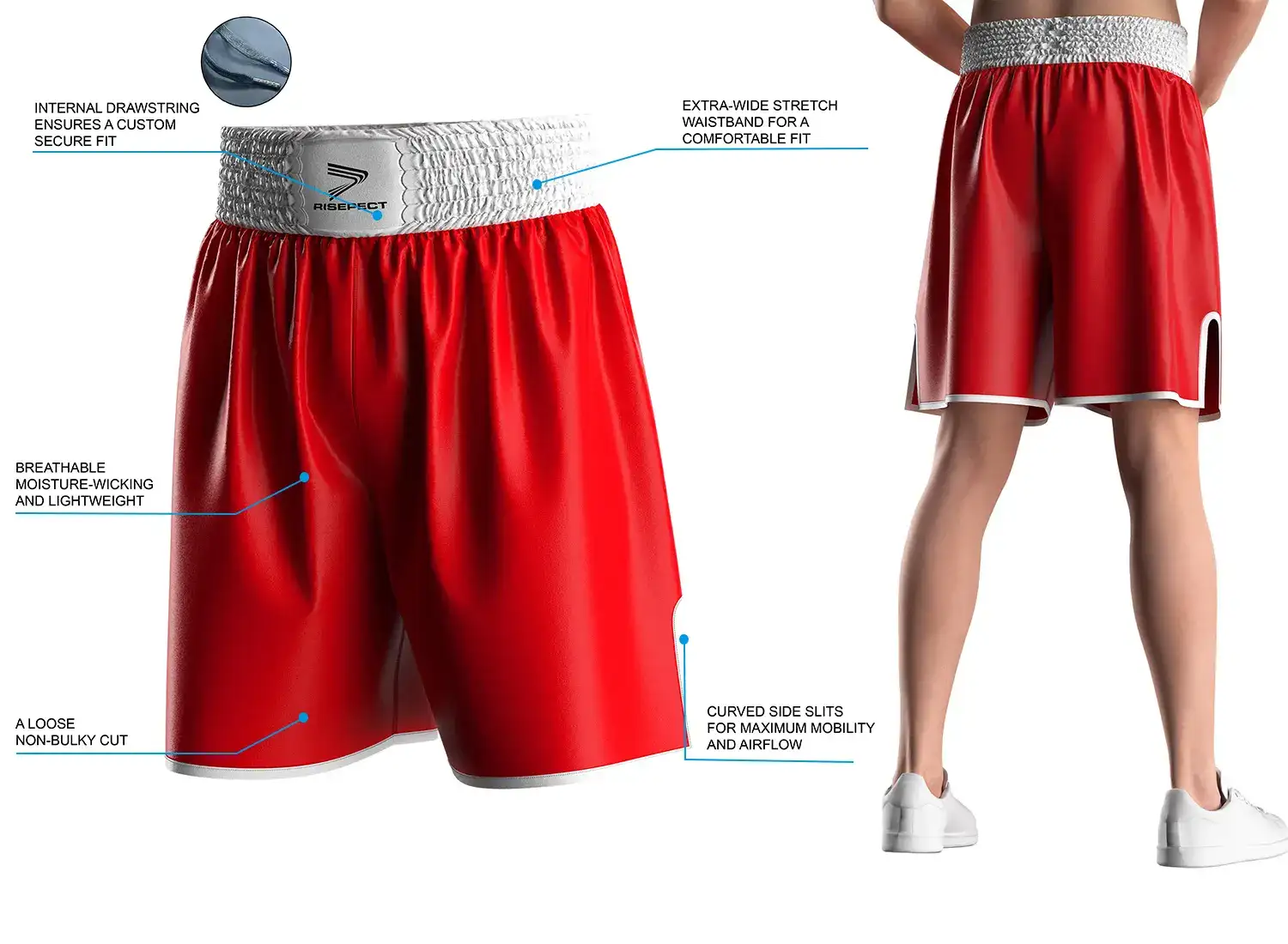 Male model wearing custom red boxing training shorts with white trim, back view, showing wide elastic waistband and side slits. The right side displays product highlights and key selling points of the modern traditional boxing short design.