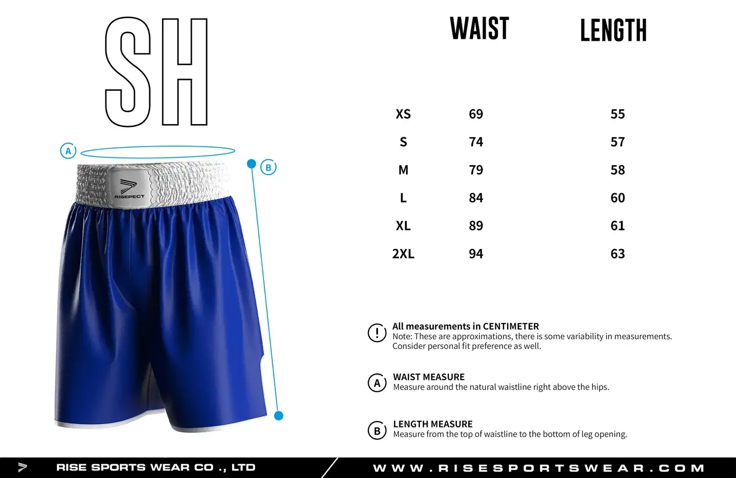 Detailed size chart of custom boxing shorts showing waist and length measurements, designed for professional gym and club uniform fitting.