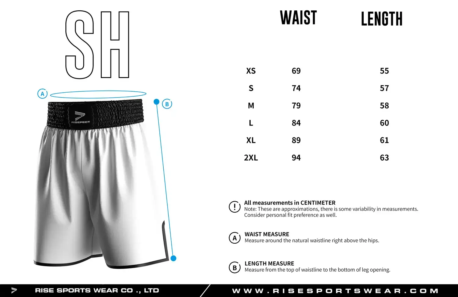 Detailed size chart of custom boxing shorts showing waist and length measurements, designed for professional gym and club uniform fitting.