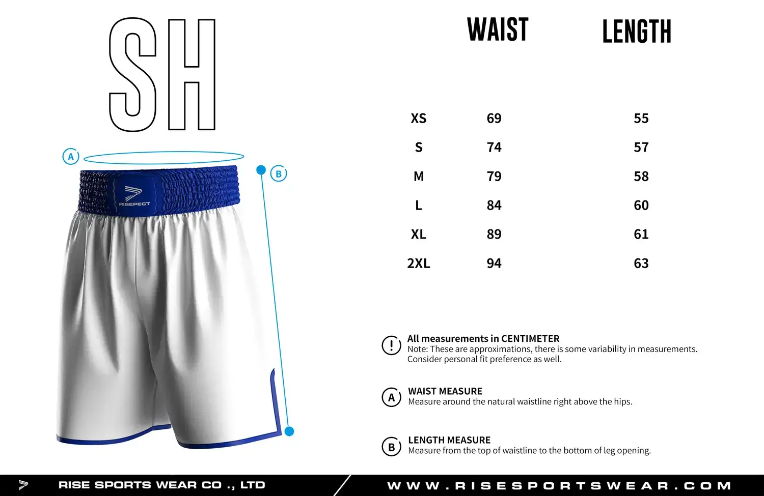 Detailed size chart of custom boxing shorts showing waist and length measurements, designed for professional gym and club uniform fitting.
