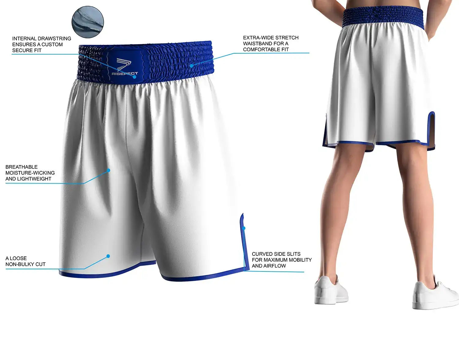 Male model wearing bulk men professional training fit white boxing style shorts with royal-blue trim, back view, showing wide elastic waistband and side slits. The right side displays product highlights and key selling points of the modern traditional boxing short design.