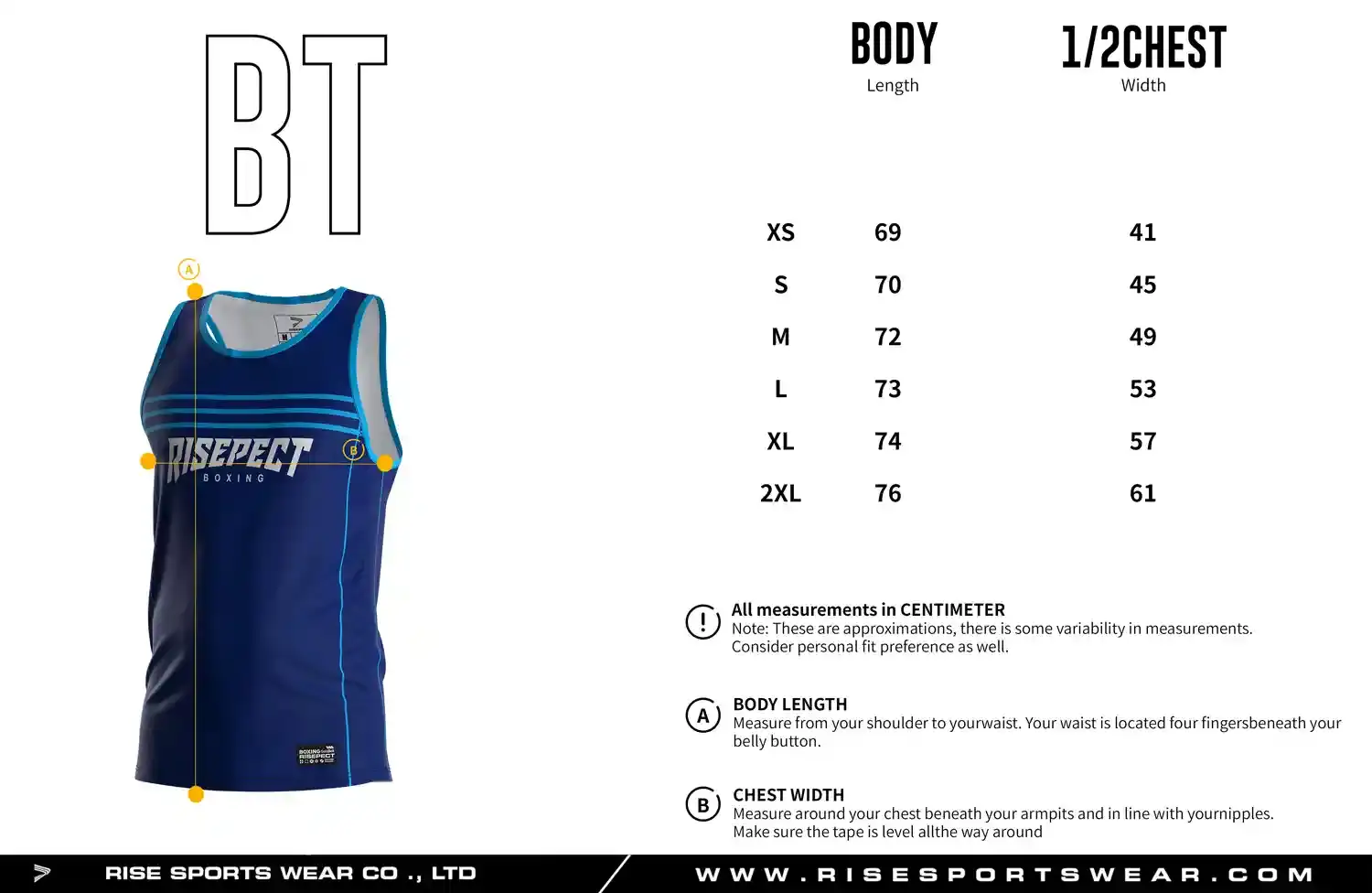 Men's adult size chart for boxing singlet showing body length and half chest width measurements.