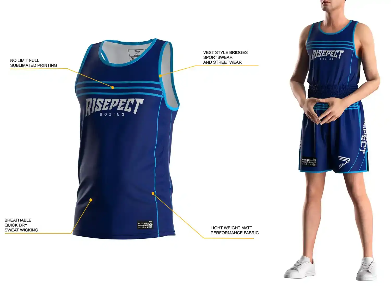 3D front view of navy blue sublimated boxing singlet with labeled features and model wearing matching singlet and boxing shorts.