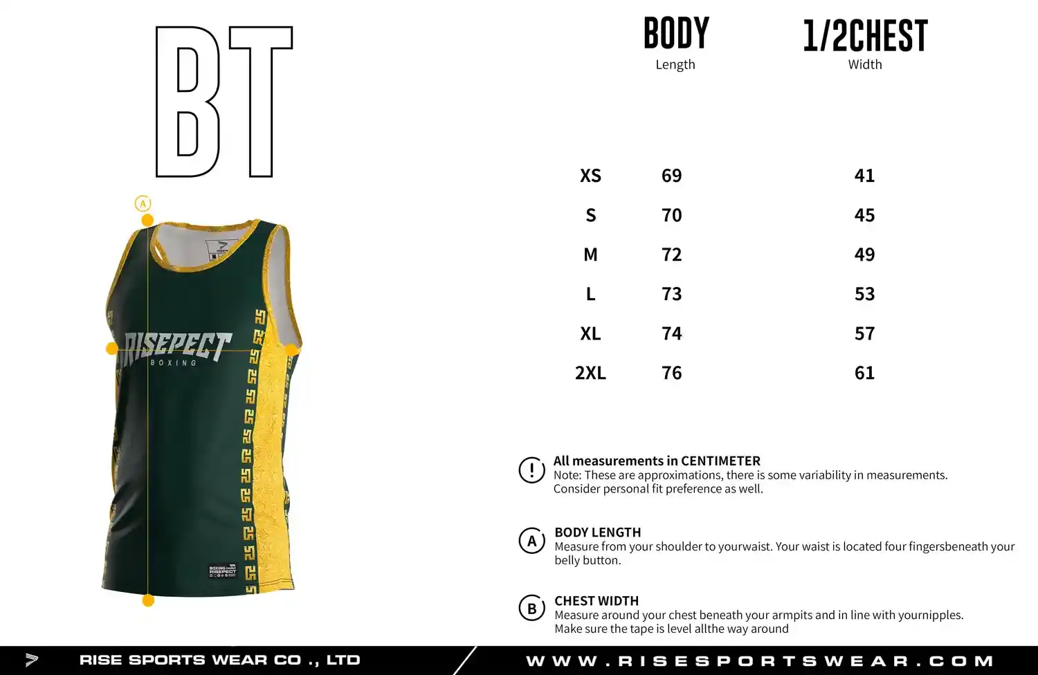 Men's adult size chart for boxing singlet showing body length and half chest width measurements.