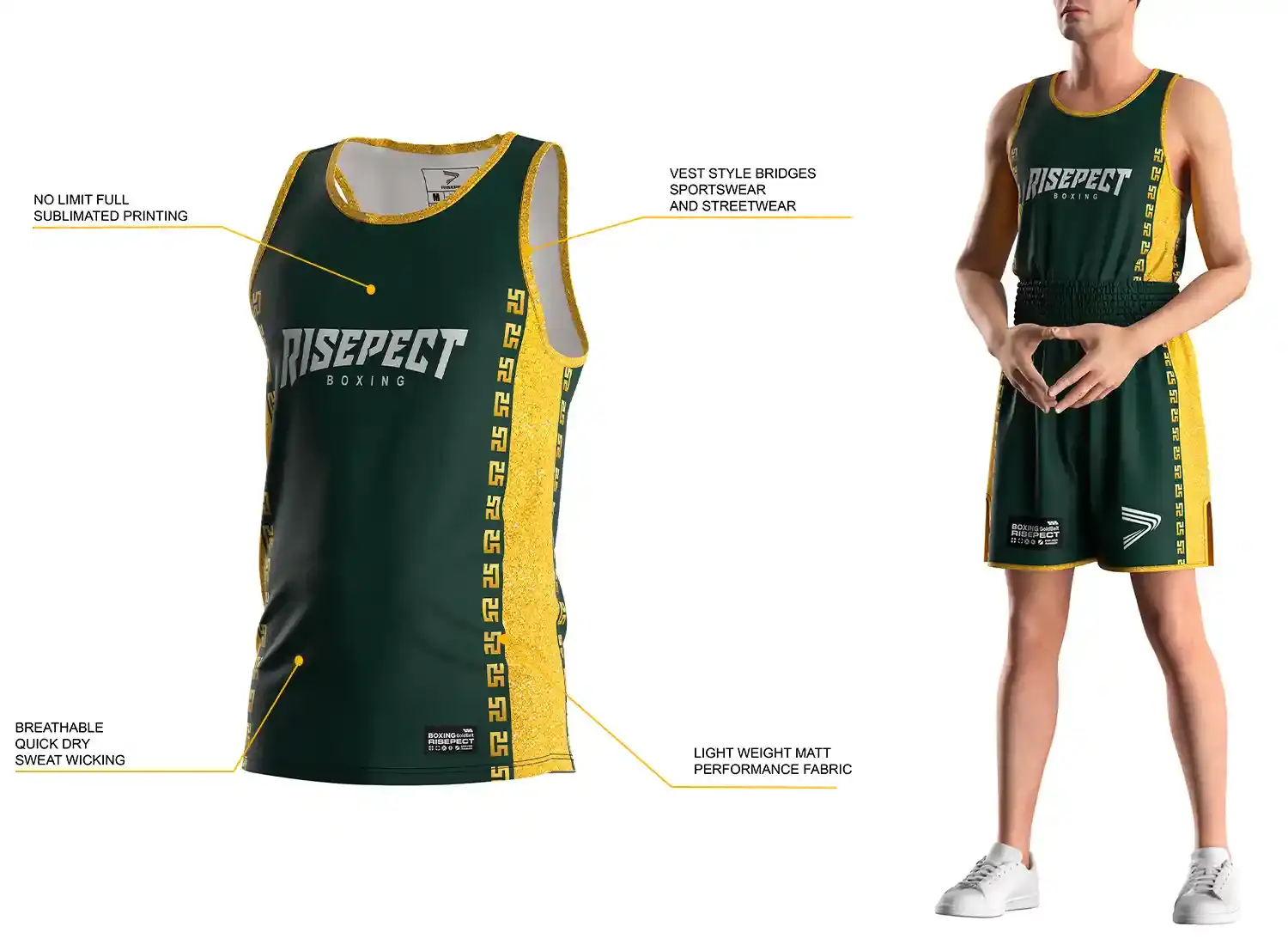 3D front view of custom green-yellow sublimated boxing singlet with labeled features and model wearing matching singlet and boxing shorts.