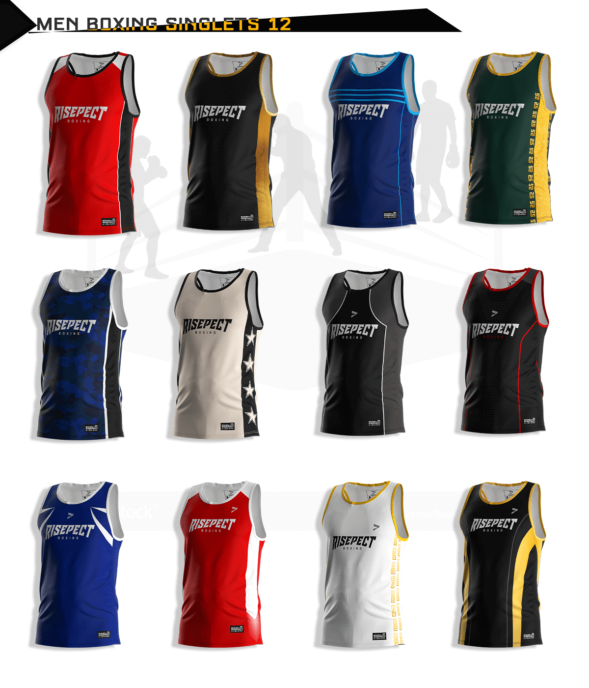 Collection of 12 sublimated boxing singlet designs in various colors and patterns, 2025 edition.