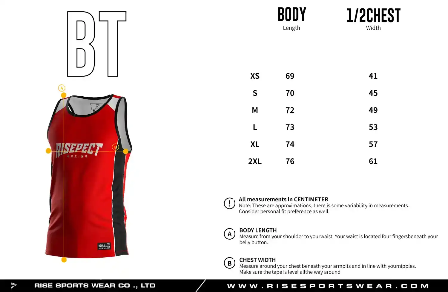 Men's adult size chart for boxing singlet showing body length and half chest width measurements.