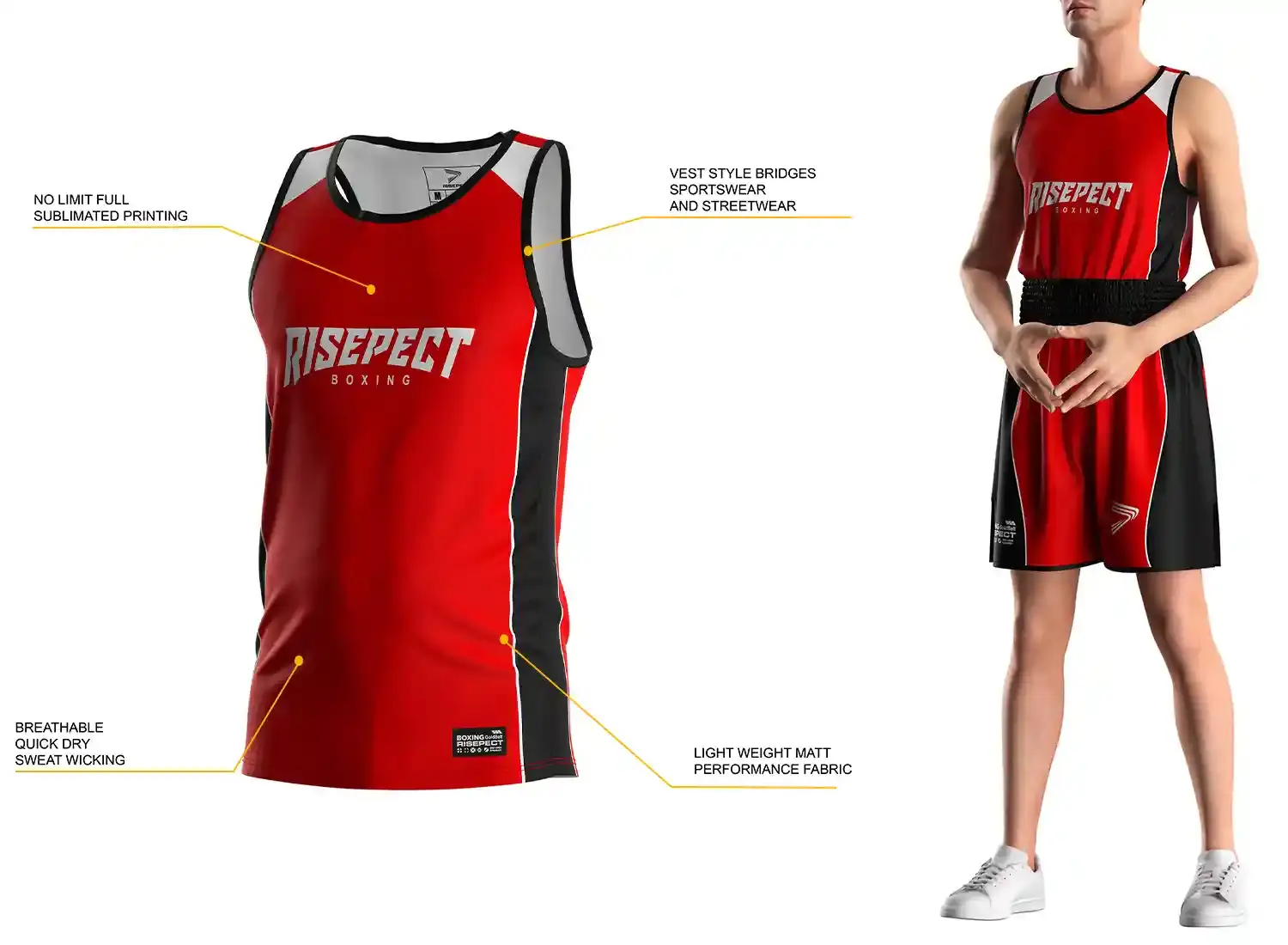 3D front view of red sublimated boxing singlet with labeled features and model wearing matching singlet and boxing shorts.