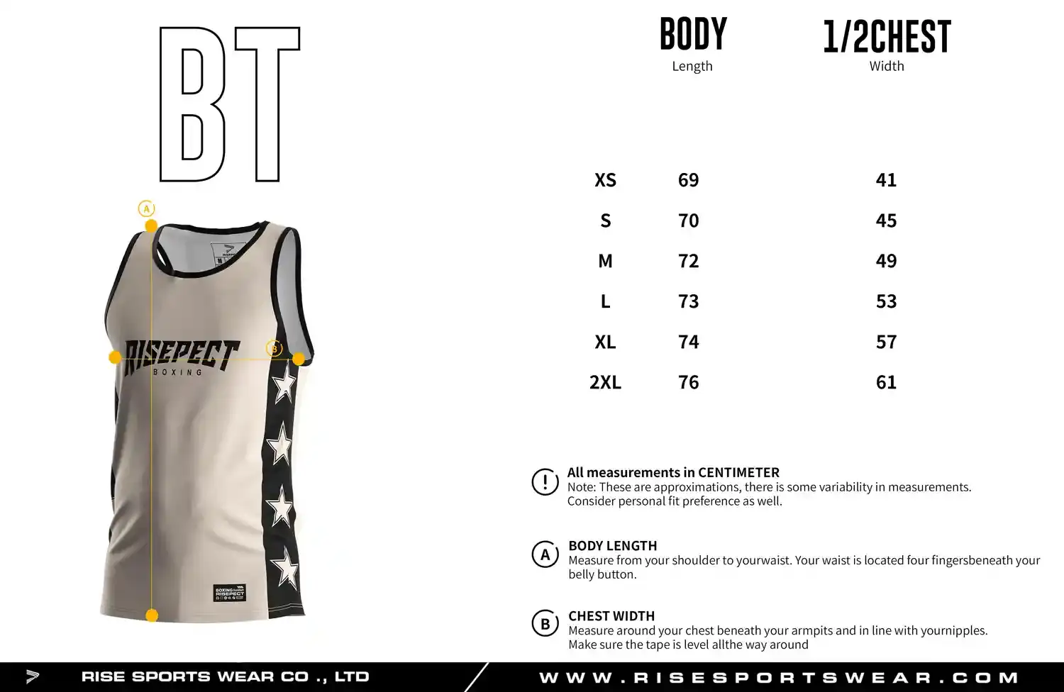 Men's adult size chart for boxing singlet showing body length and half chest width measurements.