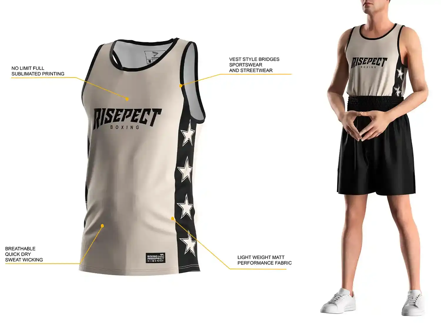 3D front view of beige-black men custom print supply boxing singlet with labeled features and model wearing matching singlet and boxing shorts.