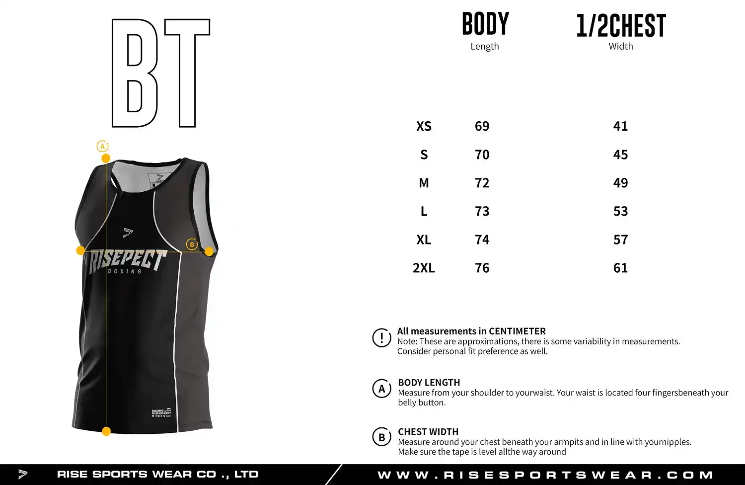 Men's adult size chart for boxing singlet showing body length and half chest width measurements.