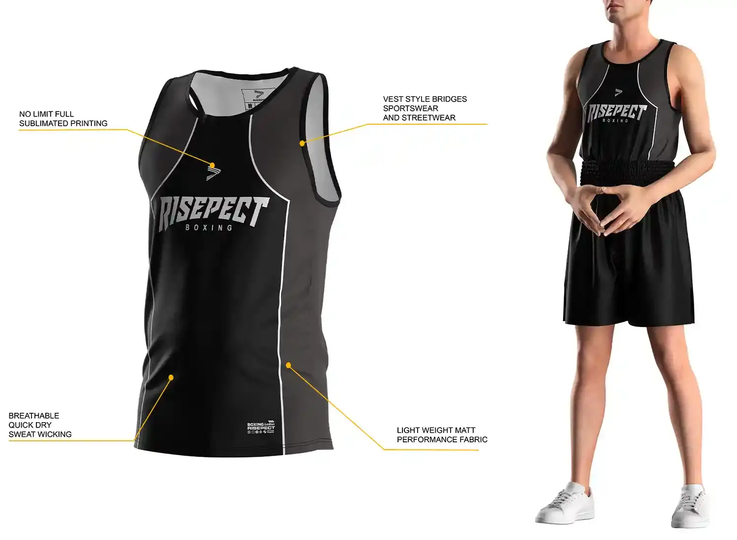3D front view of men pro training fit black minimalist sublimated boxing singlet with labeled features and model wearing matching singlet and boxing shorts.