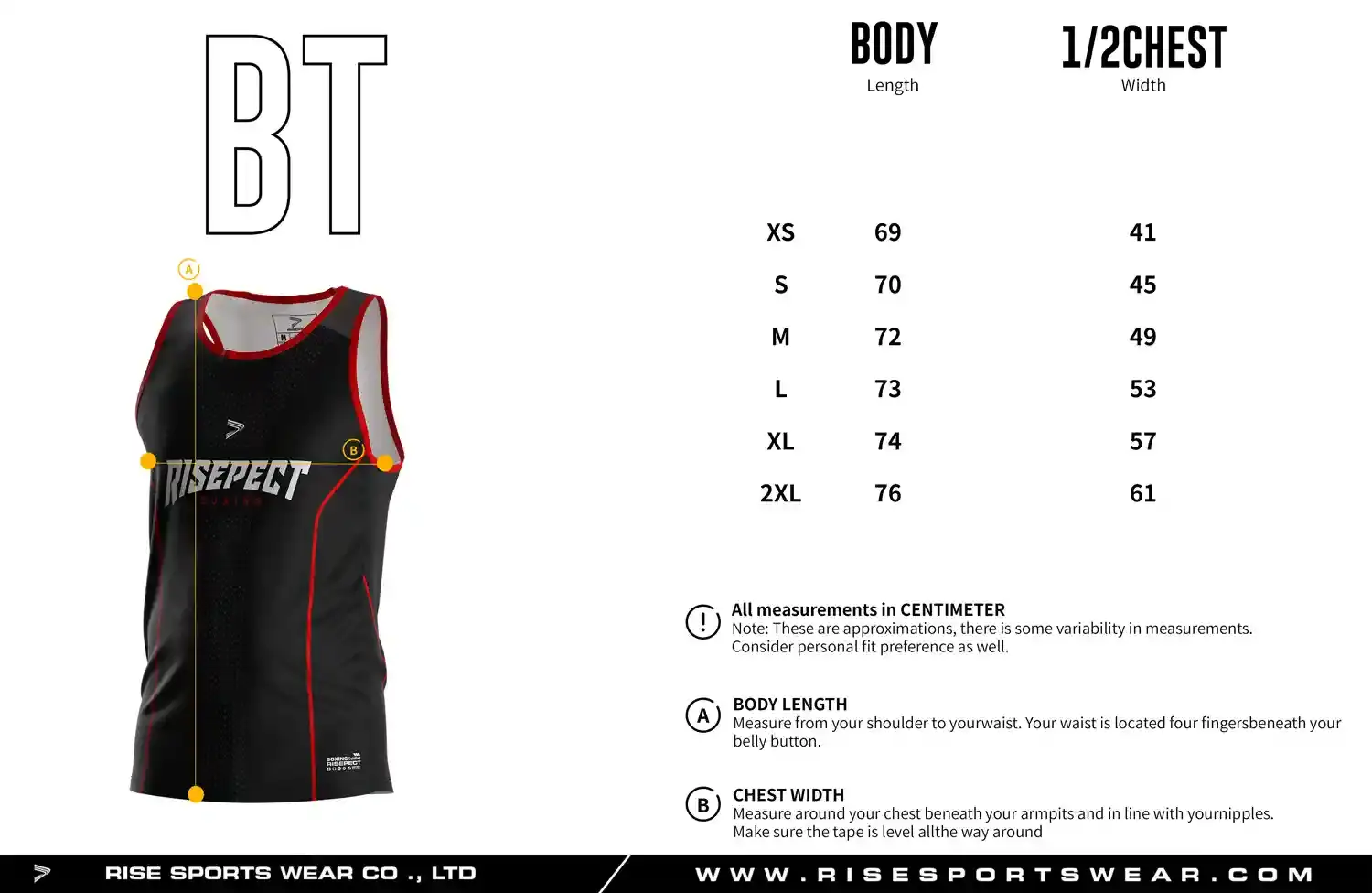 Men's adult size chart for boxing singlet showing body length and half chest width measurements.