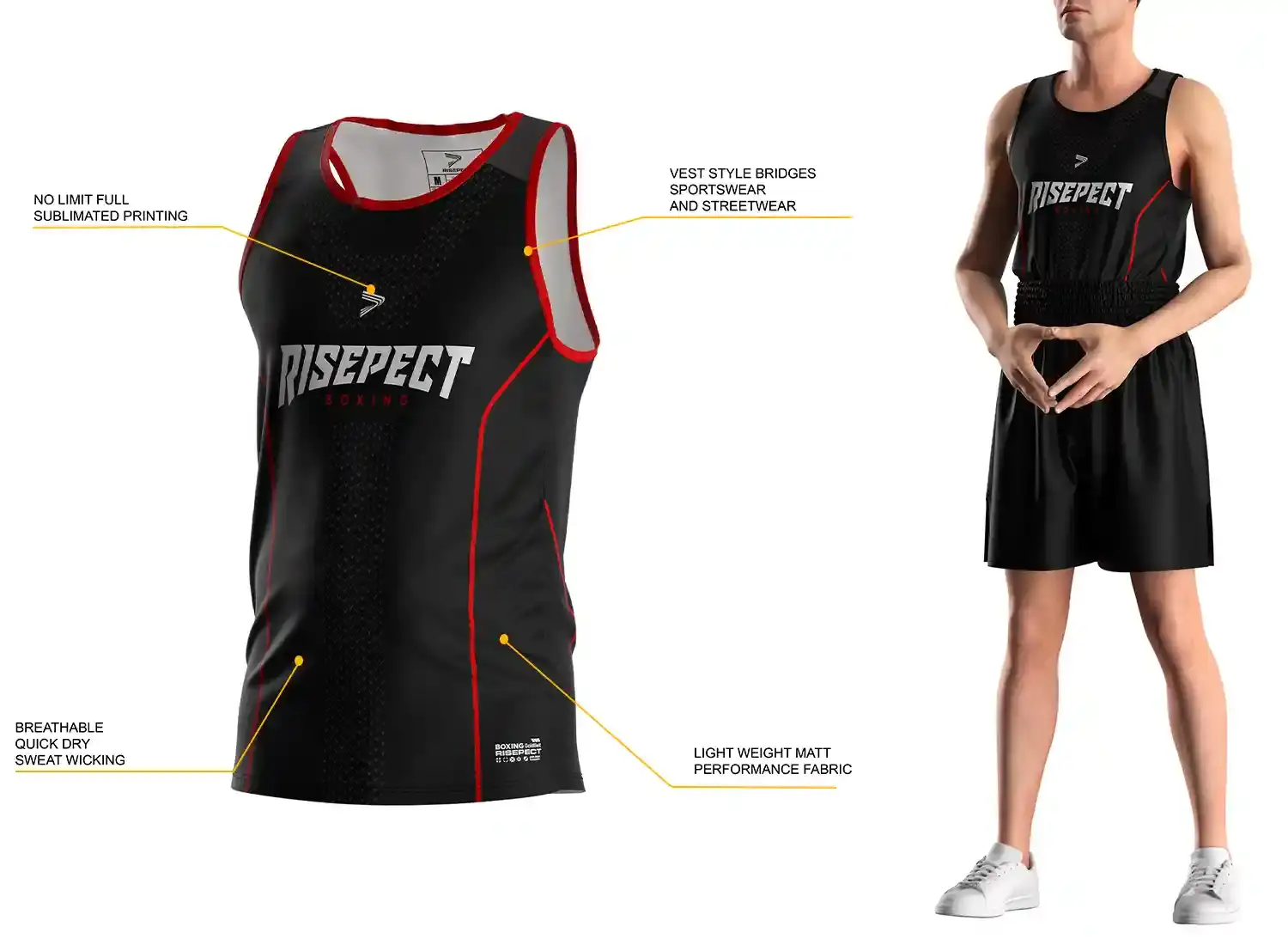 3D front view of black-red panel men performance edition boxing singlet with labeled features and model wearing matching singlet and boxing shorts.