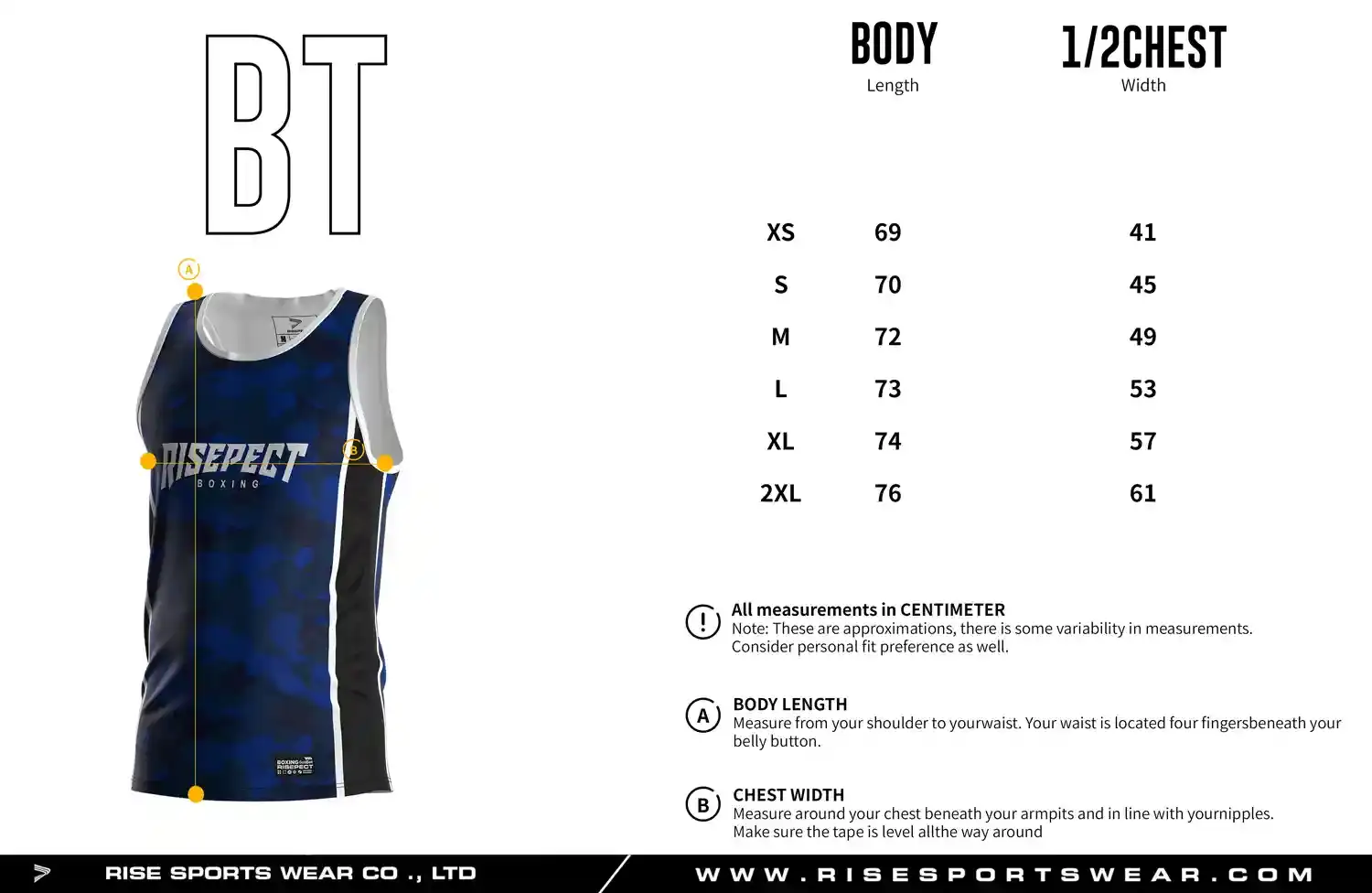 Men's adult size chart for boxing singlet showing body length and half chest width measurements.
