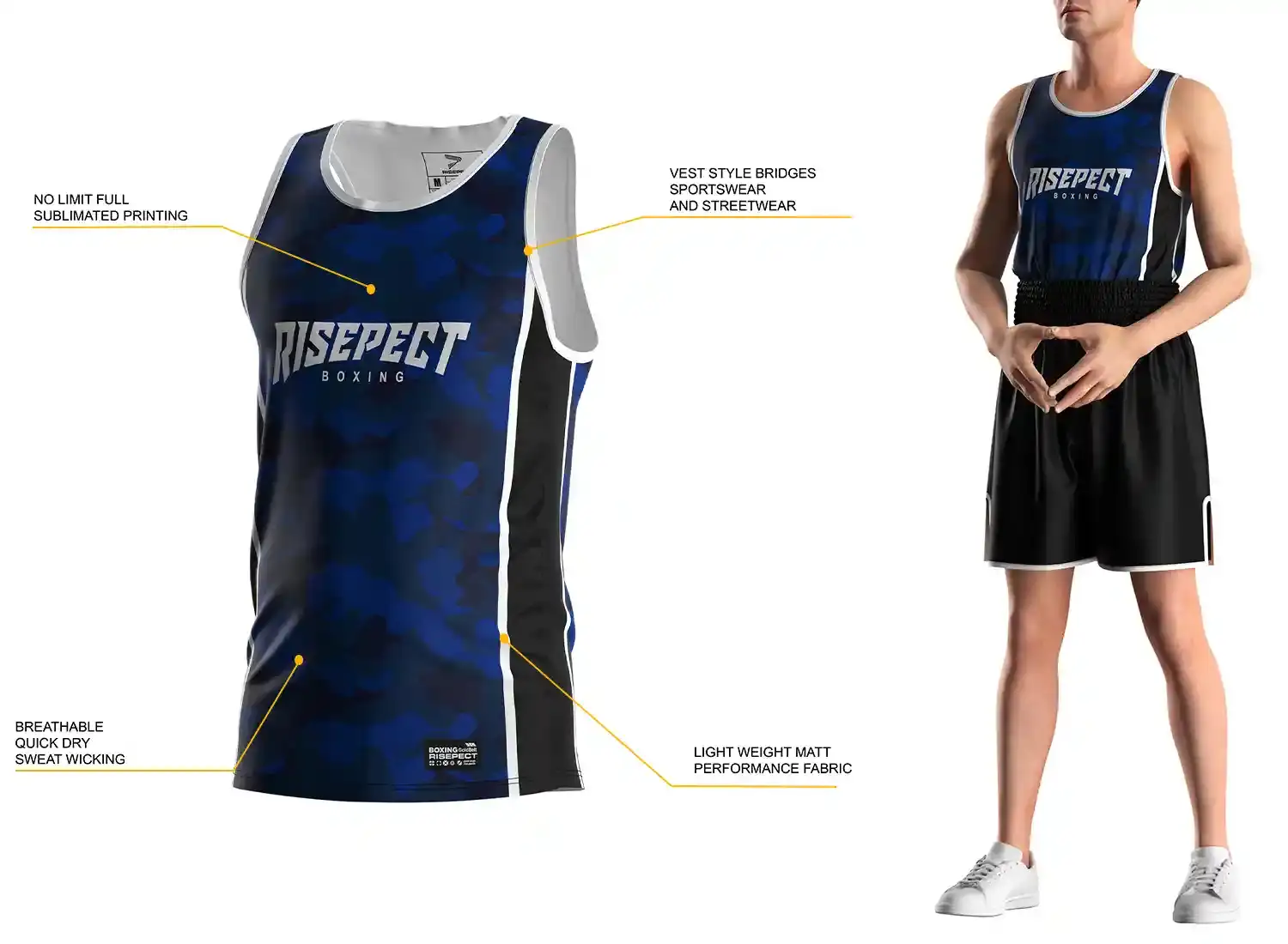 3D front view of blue camo men sublimated boxing singlets with labeled features and model wearing matching singlet and boxing shorts.