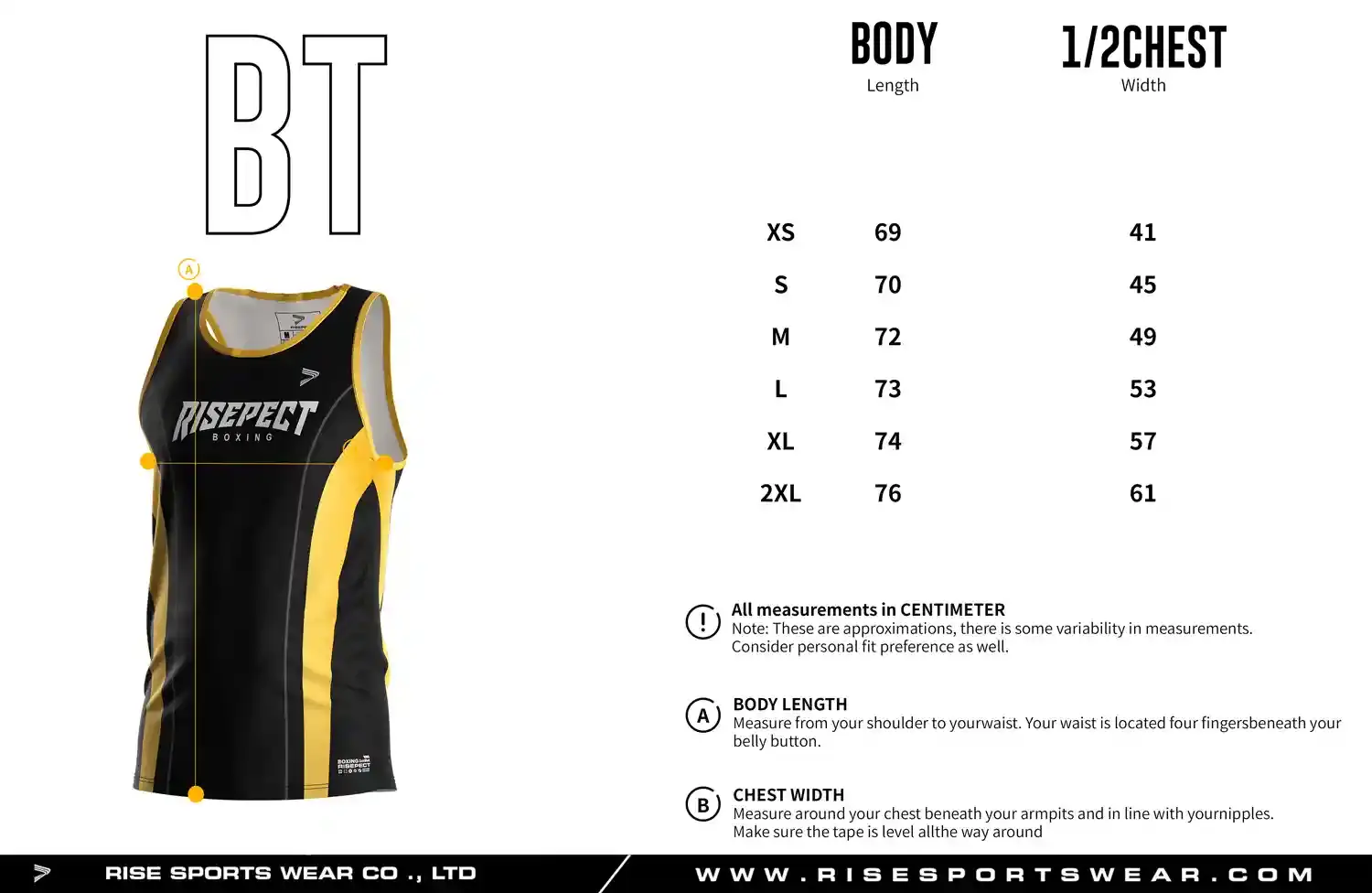 Men's adult size chart for boxing singlet showing body length and half chest width measurements.