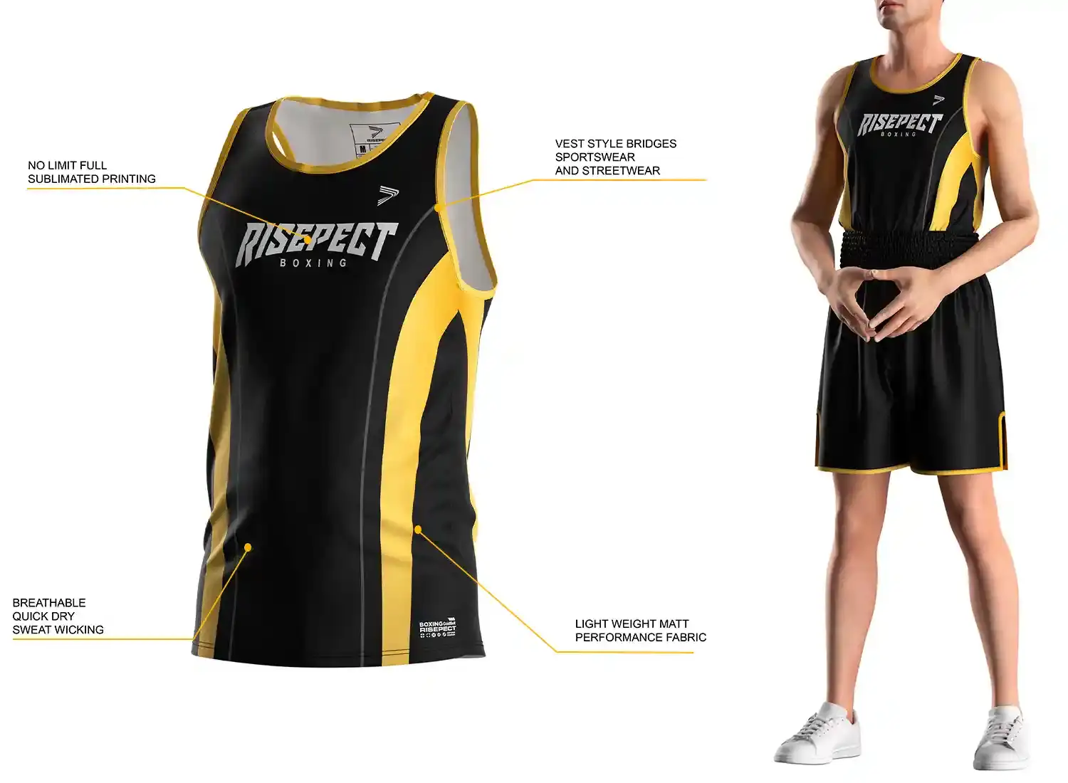 3D front view of men elite training fit black-gold sublimated boxing singlet with labeled features and model wearing matching singlet and boxing shorts.