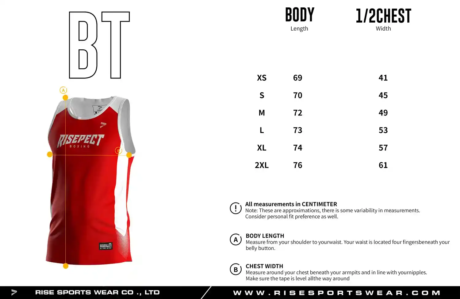 Men's adult size chart for boxing singlet showing body length and half chest width measurements.