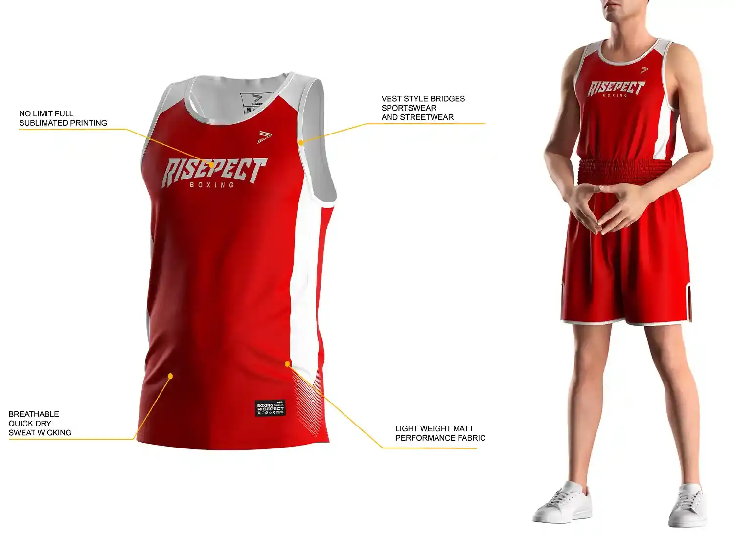 3D front view of men athletic club edition red-white boxing singlet with labeled features and model wearing matching singlet and boxing shorts.