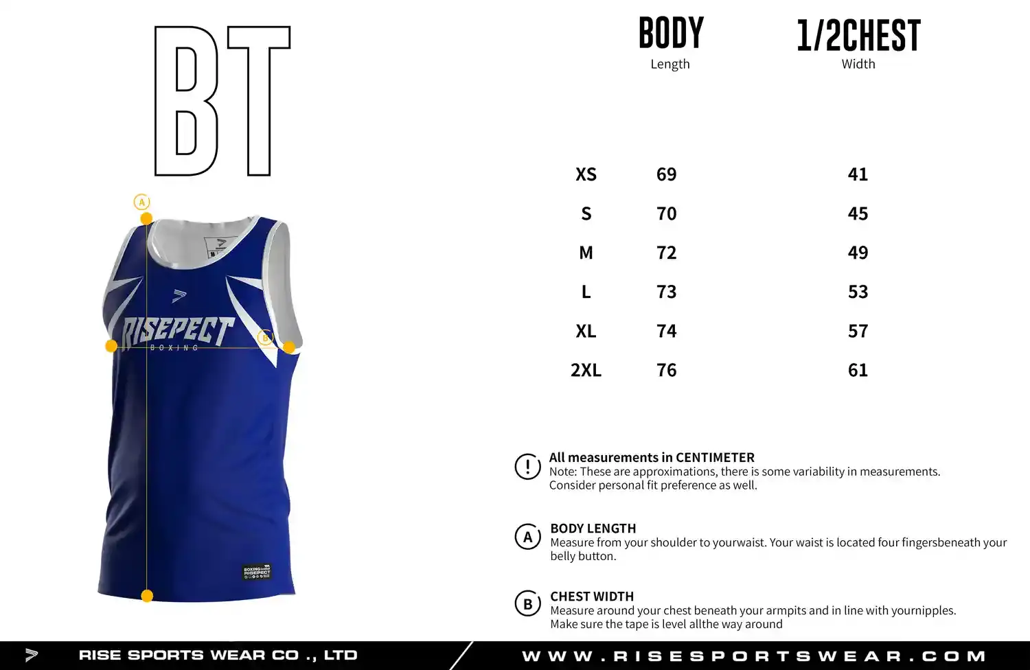 Men's adult size chart for boxing singlet showing body length and half chest width measurements.