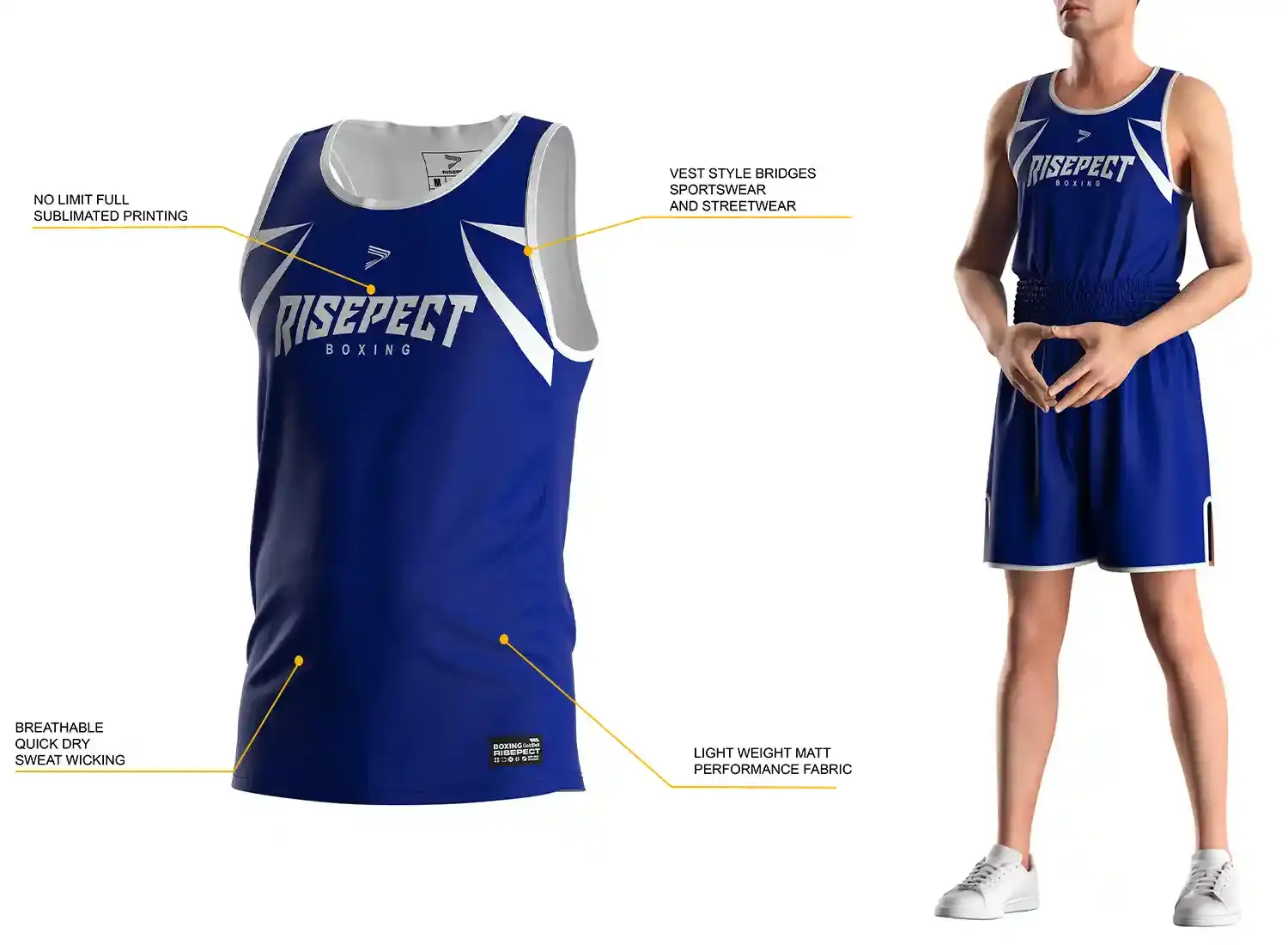 3D front view of men competition training royal blue boxing singlet with labeled features and model wearing matching singlet and boxing shorts.