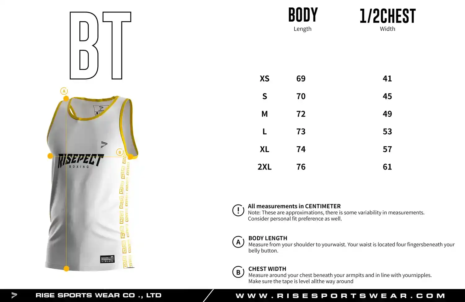 Men's adult size chart for boxing singlet showing body length and half chest width measurements.