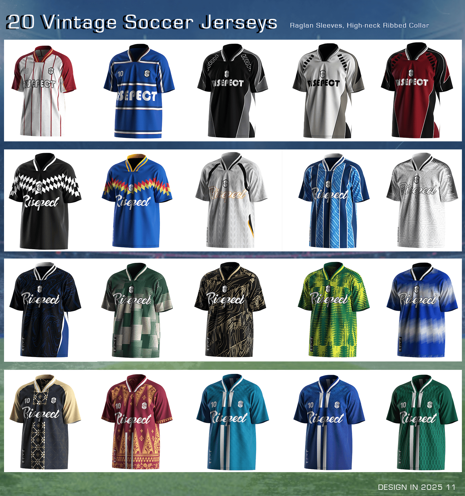 Collection of 20 sublimated color and pattern options of the same vintage soccer jersey with raglan sleeves and ribbed V-neck.