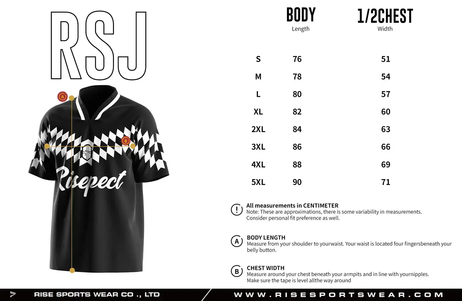 Adult size chart for the vintage soccer jersey, showing body length and 1/2 chest width measurements.