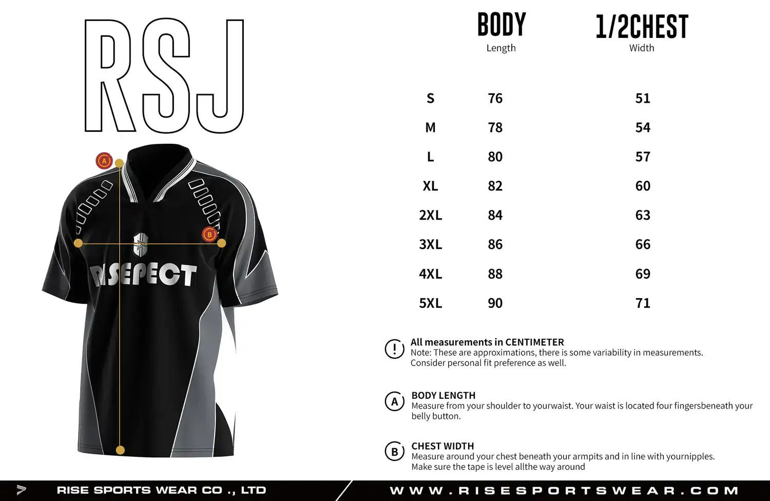 Adult size chart for the vintage soccer jersey, showing body length and 1/2 chest width measurements.