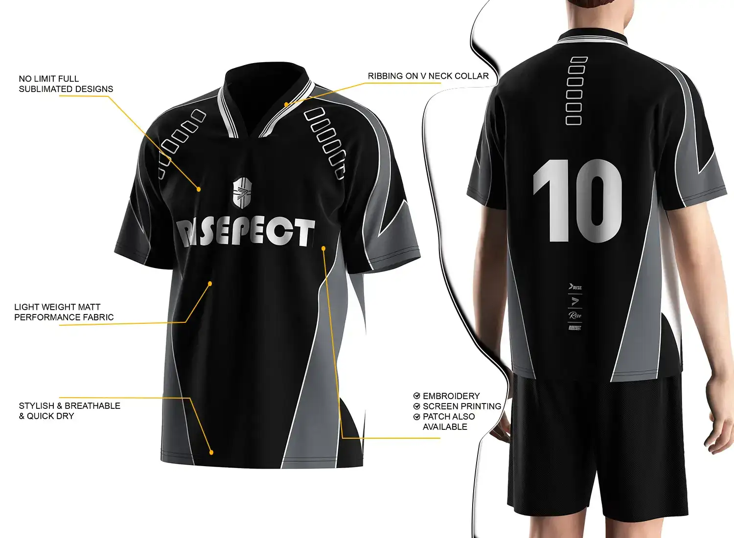 Vintage soccer jersey feature highlights, and a male model wearing the vintage soccer jersey, back view.