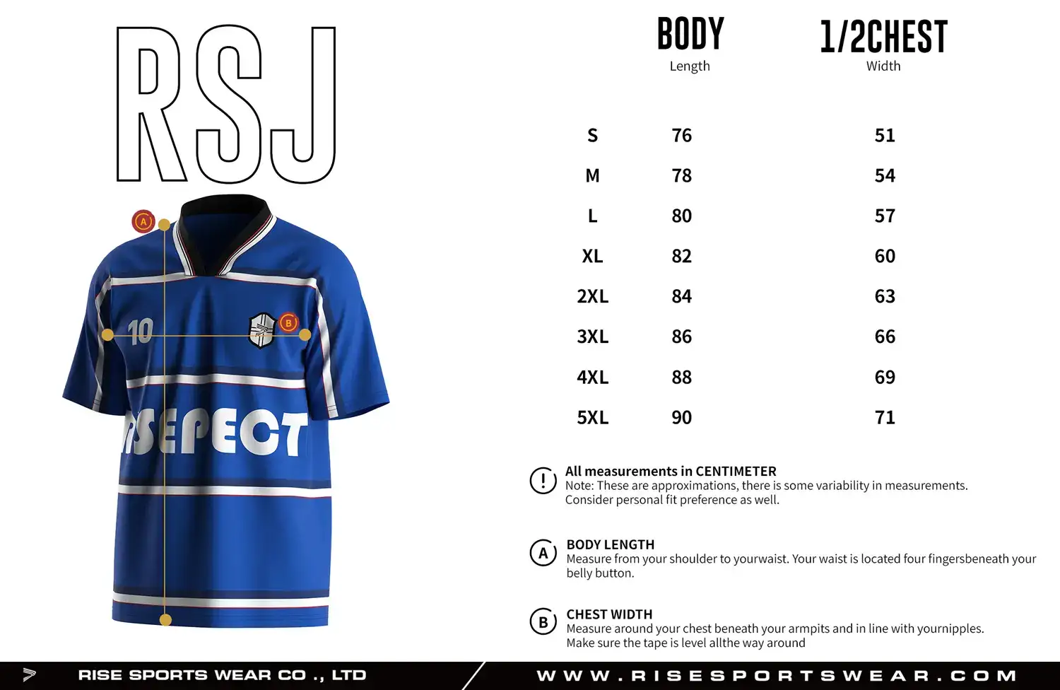 Adult size chart for the vintage soccer jersey, showing body length and 1/2 chest width measurements.