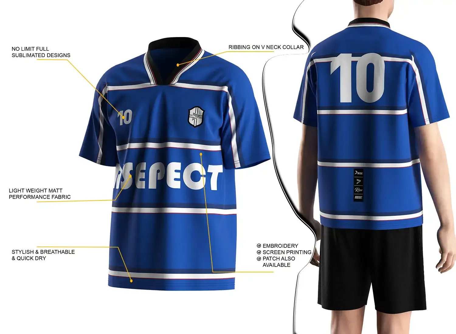 Vintage soccer jersey feature highlights, and a male model wearing the vintage soccer jersey, back view.