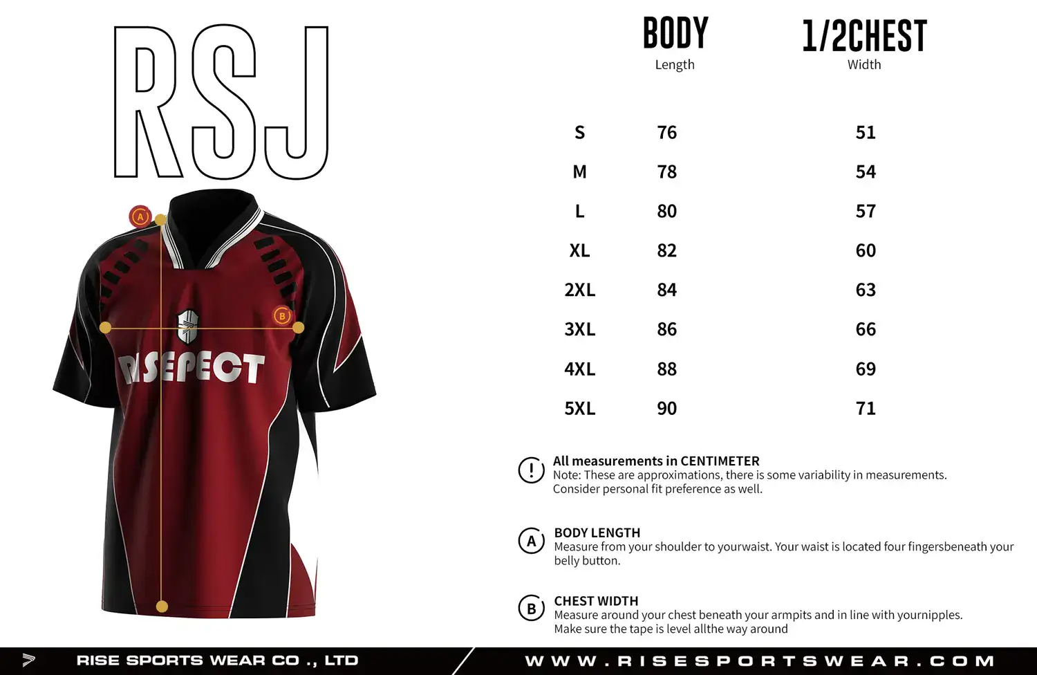 Adult size chart for the vintage soccer jersey, showing body length and 1/2 chest width measurements.