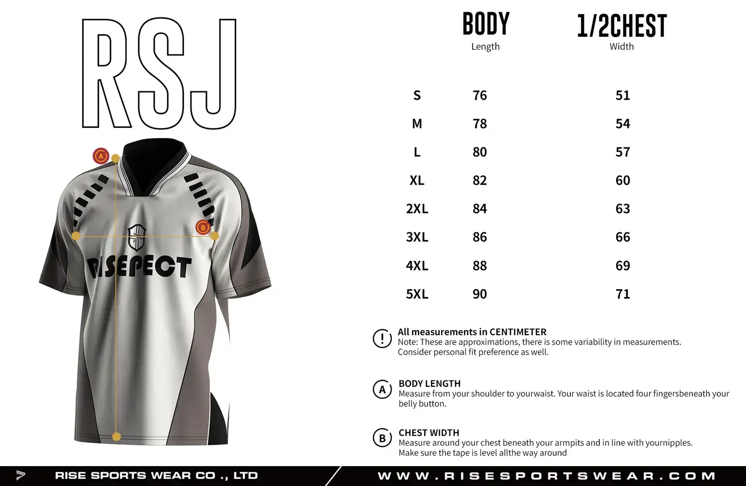 Adult size chart for the vintage soccer jersey, showing body length and 1/2 chest width measurements.