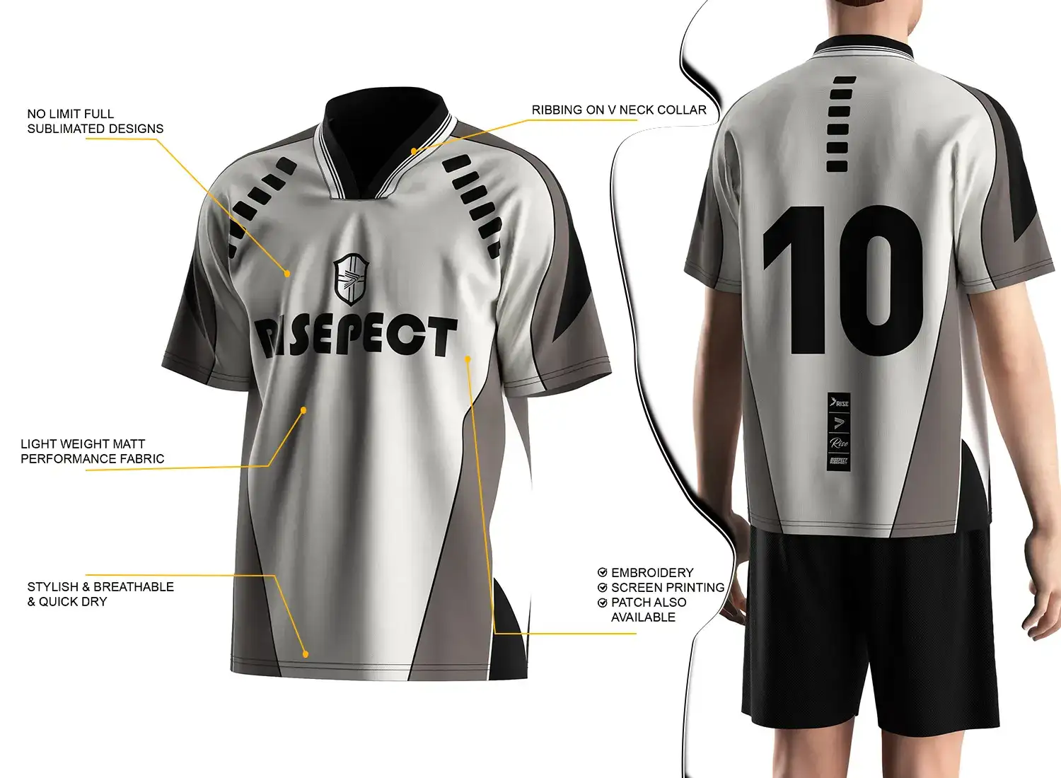 Vintage soccer jersey feature highlights, and a male model wearing the vintage soccer jersey, back view.