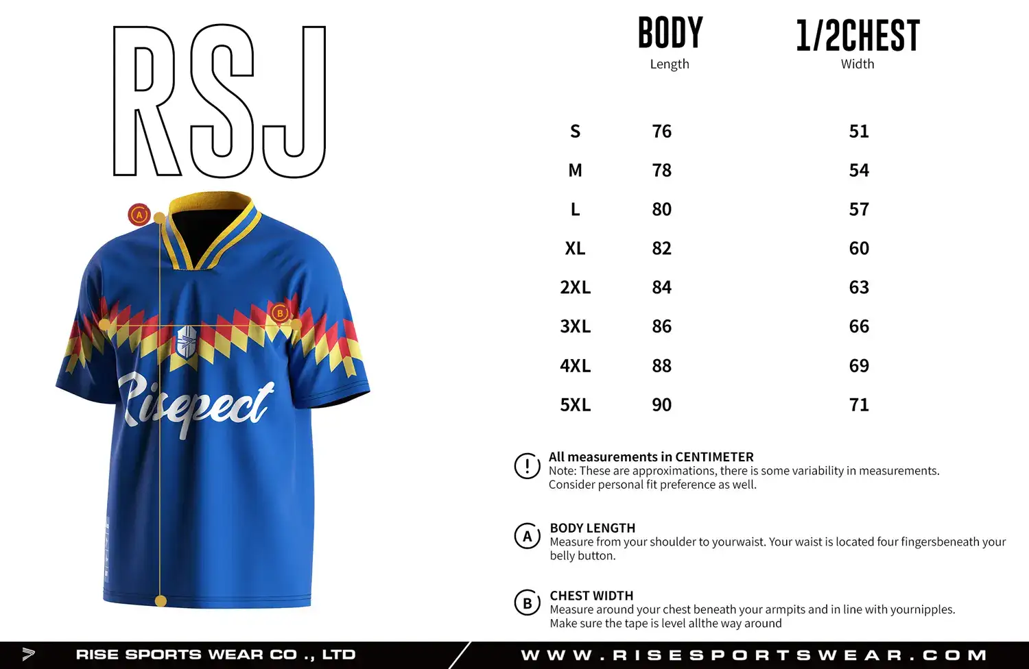 Adult size chart for the vintage soccer jersey, showing body length and 1/2 chest width measurements.