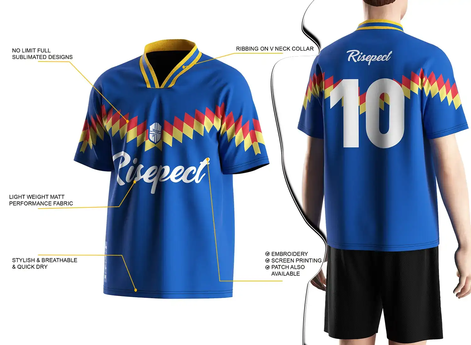 Vintage soccer jersey feature highlights, and a male model wearing the vintage soccer jersey, back view.