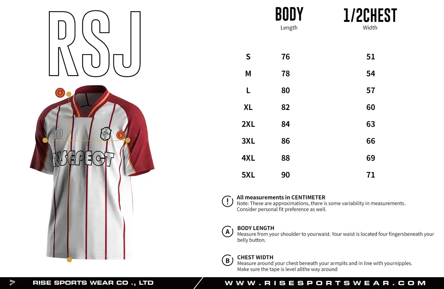 Adult size chart for the vintage soccer jersey, showing body length and 1/2 chest width measurements.