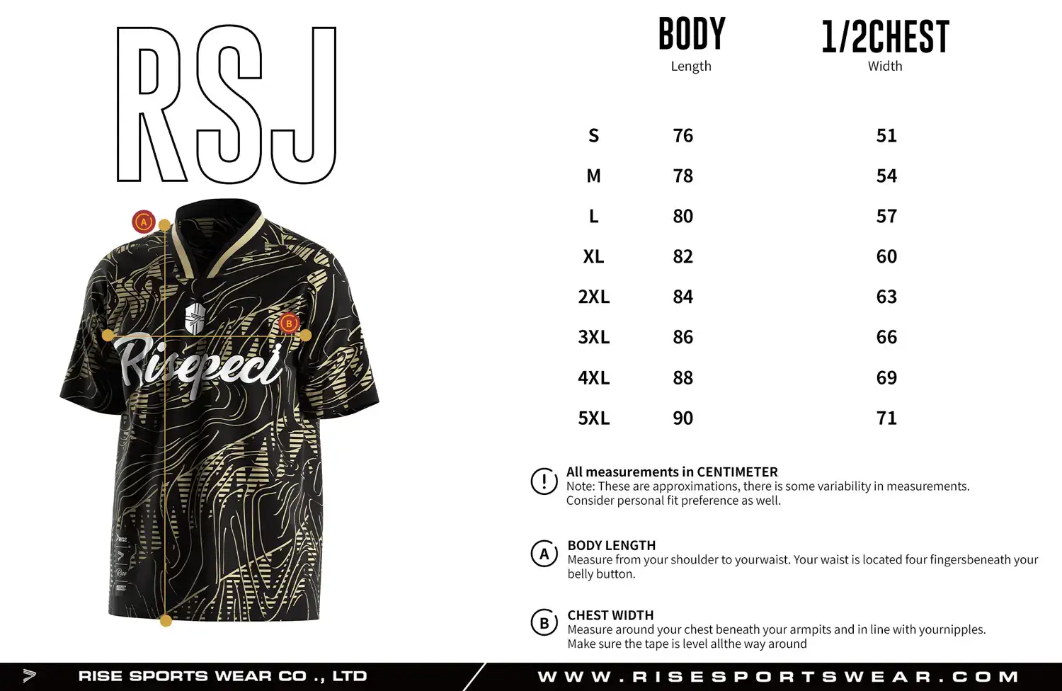 Adult size chart for the vintage soccer jersey, showing body length and 1/2 chest width measurements.