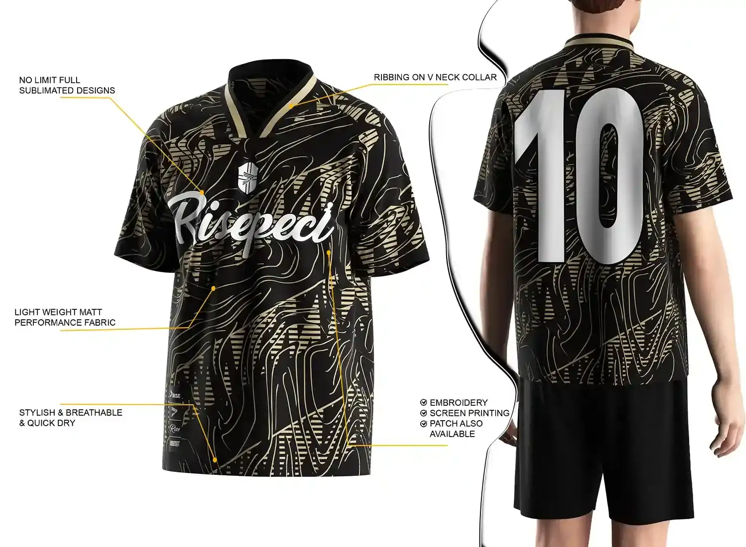 Vintage soccer jersey feature highlights, and a male model wearing the vintage soccer jersey, back view.