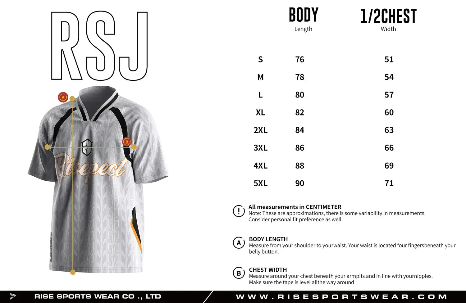 Adult size chart for the vintage soccer jersey, showing body length and 1/2 chest width measurements.